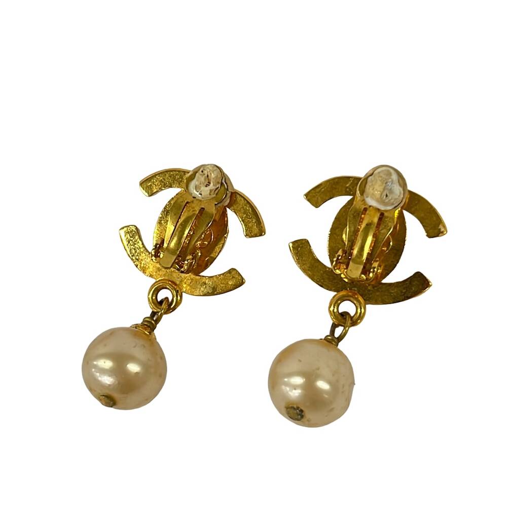 Chanel Coco Clip On Earrings Gold Cream Hardware Faux Pearl
